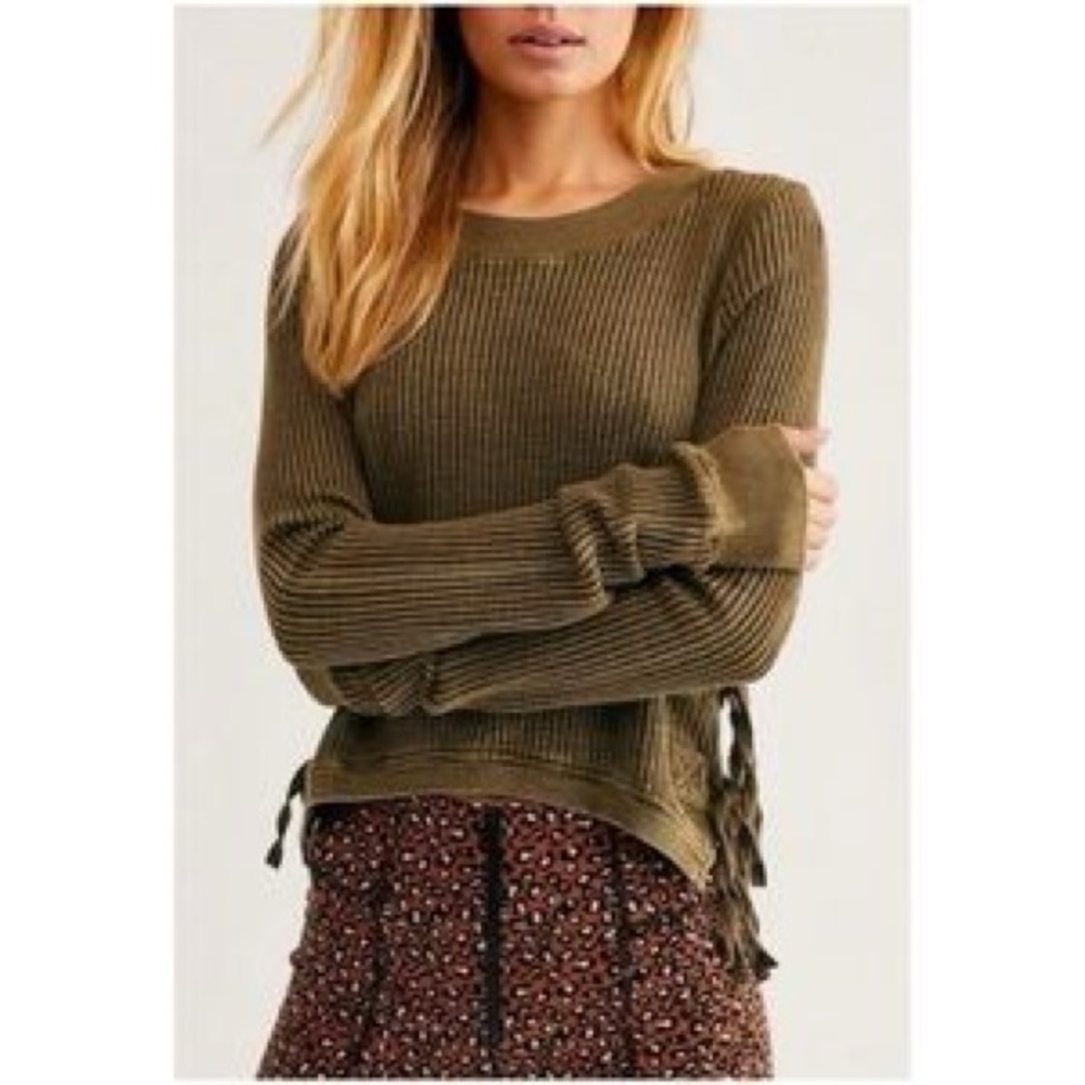 Free People Interlaken Olive Green Waffle Knit Top